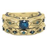 1.05 Carat (ctw) 14K Yellow Gold Round Cut Blue Diamond Ladies Bridal Vintage Style Engagement Ring With Matching Band Set 1 CT
