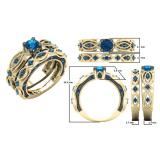 1.05 Carat (ctw) 14K Yellow Gold Round Cut Blue Diamond Ladies Bridal Vintage Style Engagement Ring With Matching Band Set 1 CT