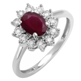 1.10 Carat (ctw) Kate Middleton Diana Inspired 10K White Gold Real Round Diamond & Oval Ruby Royal Engagement Ring 1 CT