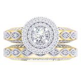0.90 Carat (ctw) 10K Yellow Gold Round Cut Diamond Ladies Halo Style Split Shank Milgrain Bridal Engagement Ring With Matching Band Set