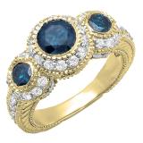 2.38 Carat (ctw) 18K Yellow Gold Round Blue And White Diamond Ladies Vintage Bridal Engagement 3 Stone Ring 2 1/2 CT