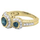 2.38 Carat (ctw) 18K Yellow Gold Round Blue And White Diamond Ladies Vintage Bridal Engagement 3 Stone Ring 2 1/2 CT