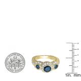 2.38 Carat (ctw) 18K Yellow Gold Round Blue And White Diamond Ladies Vintage Bridal Engagement 3 Stone Ring 2 1/2 CT