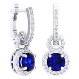 3.40 Carat (ctw) Sterling Silver Round Cut Blue Sapphire & White Diamond Ladies Halo Style Dangling Drop Earrings