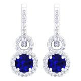 3.40 Carat (ctw) Sterling Silver Round Cut Blue Sapphire & White Diamond Ladies Halo Style Dangling Drop Earrings