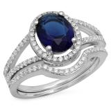 2.20 Carat (ctw) Sterling Silver Oval & Round Cut Blue & White Cubic Zirconia CZ Ladies Bridal Split Shank Halo Engagement Ring With Matching Band Set 2 1/4 CT