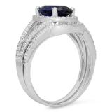 2.20 Carat (ctw) Sterling Silver Oval & Round Cut Blue & White Cubic Zirconia CZ Ladies Bridal Split Shank Halo Engagement Ring With Matching Band Set 2 1/4 CT