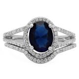 2.20 Carat (ctw) Sterling Silver Oval & Round Cut Blue & White Cubic Zirconia CZ Ladies Bridal Split Shank Halo Engagement Ring With Matching Band Set 2 1/4 CT