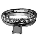1.45 Carat (ctw) Black Rhodium Plated 10K White Gold Princess & Round Cut Black and White Diamond Ladies Bridal Solitaire Engagement Ring With Matching Wedding Band Set 1 1/2 CT