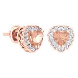 0.85 Carat (ctw) 18K Rose Gold Heart Shaped Morganite & Round White Diamond Ladies Halo Stud Earrings