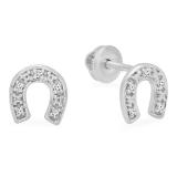 0.06 Carat (ctw) 18K White Gold Round White Diamond Ladies Horse Shoe Earrings