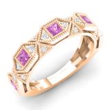 0.75 Carat (ctw) 14K Rose Gold Princess Pink Sapphire & Round White Diamond Ladies Vintage Style Milgrain Stackable Wedding Band 3/4 CT