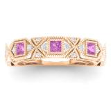 0.75 Carat (ctw) 14K Rose Gold Princess Pink Sapphire & Round White Diamond Ladies Vintage Style Milgrain Stackable Wedding Band 3/4 CT