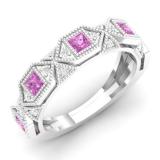 0.75 Carat (ctw) 14K White Gold Princess Pink Sapphire & Round White Diamond Ladies Vintage Style Milgrain Stackable Wedding Band 3/4 CT