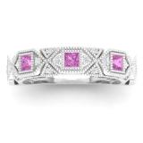 0.75 Carat (ctw) 14K White Gold Princess Pink Sapphire & Round White Diamond Ladies Vintage Style Milgrain Stackable Wedding Band 3/4 CT