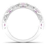 0.75 Carat (ctw) 14K White Gold Princess Pink Sapphire & Round White Diamond Ladies Vintage Style Milgrain Stackable Wedding Band 3/4 CT