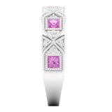 0.75 Carat (ctw) 14K White Gold Princess Pink Sapphire & Round White Diamond Ladies Vintage Style Milgrain Stackable Wedding Band 3/4 CT