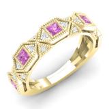 0.75 Carat (ctw) 14K Yellow Gold Princess Pink Sapphire & Round White Diamond Ladies Vintage Style Milgrain Stackable Wedding Band 3/4 CT
