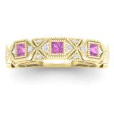 0.75 Carat (ctw) 14K Yellow Gold Princess Pink Sapphire & Round White Diamond Ladies Vintage Style Milgrain Stackable Wedding Band 3/4 CT