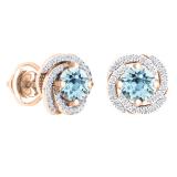 2.25 Carat (ctw) 10K Rose Gold Round Cut Aquamarine & White Diamond Ladies Halo Style Stud Earrings