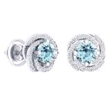 2.25 Carat (ctw) 18K White Gold Round Cut Aquamarine & White Diamond Ladies Halo Style Stud Earrings