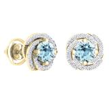 2.25 Carat (ctw) 18K Yellow Gold Round Cut Aquamarine & White Diamond Ladies Halo Style Stud Earrings
