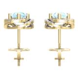 2.25 Carat (ctw) 18K Yellow Gold Round Cut Aquamarine & White Diamond Ladies Halo Style Stud Earrings