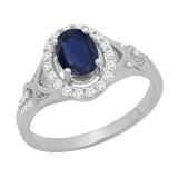 7x5mm Oval Blue Sapphire & Round White Diamond Split Shank Halo Engagement Ring for Women (0.25 ctw, Color I-J, Clarity I2-I3) 10K White Gold