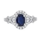 7x5mm Oval Blue Sapphire & Round White Diamond Split Shank Halo Engagement Ring for Women (0.25 ctw, Color I-J, Clarity I2-I3) 10K White Gold