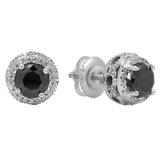 0.90 Carat (ctw) Sterling Silver Round Black & White Diamond Ladies Halo Style Stud Earrings