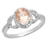 1.45 Carat (ctw) 10K White Gold Oval Cut Morganite & Round Cut White Diamond Ladies Bridal Halo Style Engagement Ring 1 1/2 CT