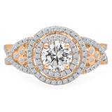 1.30 Carat (ctw) 18K Rose Gold Round Cut Moissanite & White Diamond Ladies Swirl Bridal Halo Engagement Ring