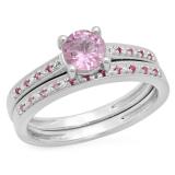 0.70 Carat (ctw) 10K White Gold Round Cut Pink Sapphire & White Diamond Ladies Bridal Solitaire With Accents Engagement Ring Matching Band Set 3/4 CT