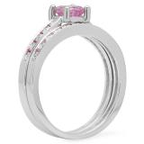 0.70 Carat (ctw) 10K White Gold Round Cut Pink Sapphire & White Diamond Ladies Bridal Solitaire With Accents Engagement Ring Matching Band Set 3/4 CT