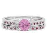 0.70 Carat (ctw) 10K White Gold Round Cut Pink Sapphire & White Diamond Ladies Bridal Solitaire With Accents Engagement Ring Matching Band Set 3/4 CT