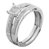 0.10 Carat (ctw) 10K White Gold Round Cut White Diamond Ladies Bridal Engagement Ring With Matching Wedding Band Set 1/10 CT