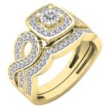 0.85 Carat (ctw) 10K Yellow Gold Round Cut White Diamond Ladies Bridal Swirl Split Shank Halo Engagement Ring With Matching Band Set
