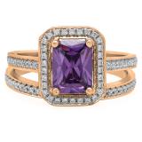 3.20 Carat (ctw) 10K Rose Gold Emerald Cut Purple & Round White Cubic Zirconia CZ Ladies Halo Style Bridal Engagement Ring Set