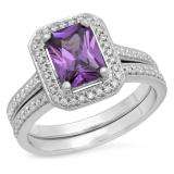 3.20 Carat (ctw) 10K White Gold Emerald Cut Purple & Round White Cubic Zirconia CZ Ladies Halo Style Bridal Engagement Ring Set