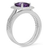 3.20 Carat (ctw) 10K White Gold Emerald Cut Purple & Round White Cubic Zirconia CZ Ladies Halo Style Bridal Engagement Ring Set