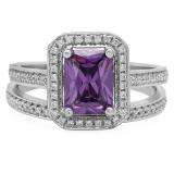 3.20 Carat (ctw) 10K White Gold Emerald Cut Purple & Round White Cubic Zirconia CZ Ladies Halo Style Bridal Engagement Ring Set