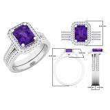 3.20 Carat (ctw) 10K White Gold Emerald Cut Purple & Round White Cubic Zirconia CZ Ladies Halo Style Bridal Engagement Ring Set