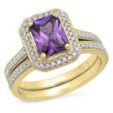 3.20 Carat (ctw) 10K Yellow Gold Emerald Cut Purple & Round White Cubic Zirconia CZ Ladies Halo Style Bridal Engagement Ring Set