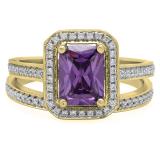 3.20 Carat (ctw) 10K Yellow Gold Emerald Cut Purple & Round White Cubic Zirconia CZ Ladies Halo Style Bridal Engagement Ring Set