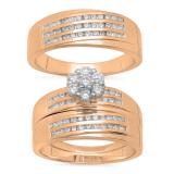 1.35 Carat (ctw) 10K Rose Gold Round White Diamond Men & Women's Cluster Engagement Ring Trio Bridal Set