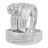 1.35 Carat (ctw) 10K White Gold Round White Diamond Men & Women's Cluster Engagement Ring Trio Bridal Set