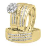 1.35 Carat (ctw) 10K Yellow Gold Round White Diamond Men & Women's Cluster Engagement Ring Trio Bridal Set
