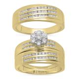 1.35 Carat (ctw) 14K Yellow Gold Round White Diamond Men & Women's Cluster Engagement Ring Trio Bridal Set