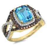 3.75 Carat (ctw) 10K Yellow Gold Emerald Blue Topaz & Round Champagne & White Diamond Ladies Split Shank Halo Engagement Ring