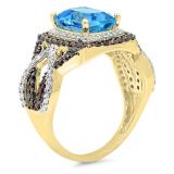 3.75 Carat (ctw) 10K Yellow Gold Emerald Blue Topaz & Round Champagne & White Diamond Ladies Split Shank Halo Engagement Ring